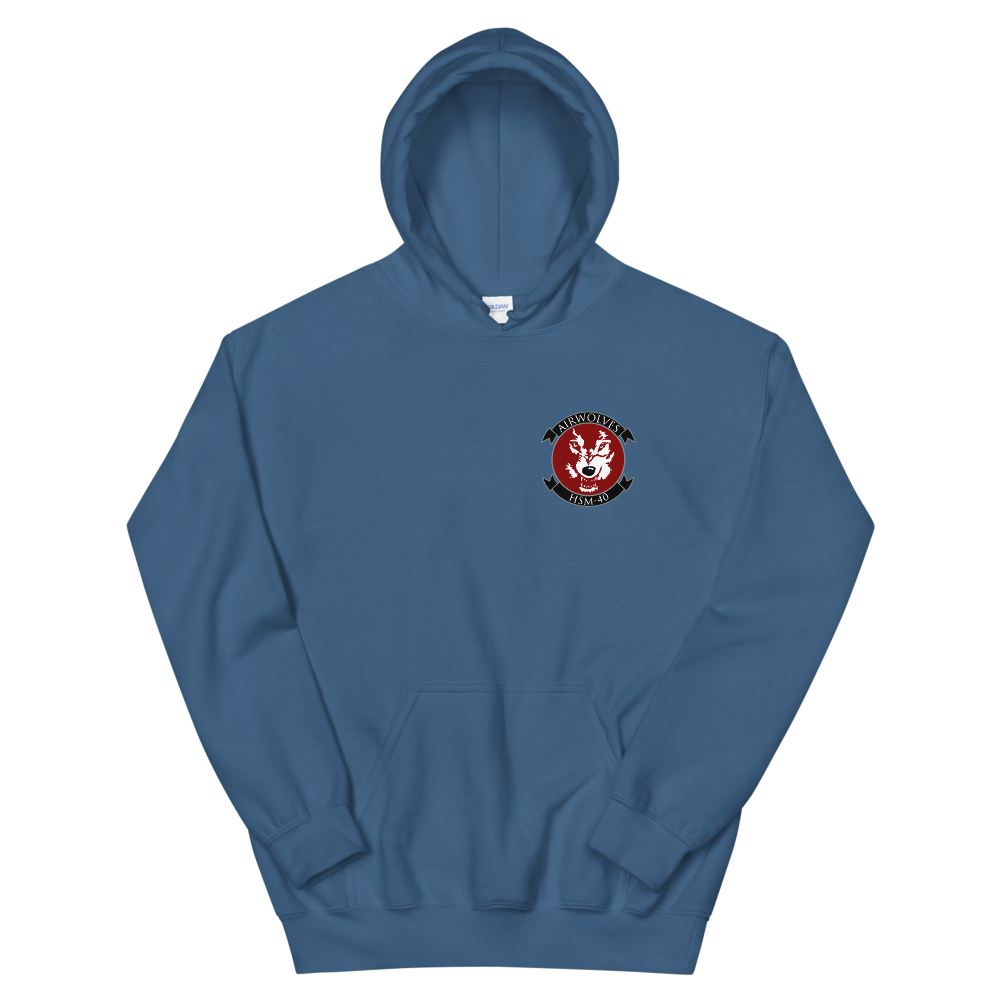 HSM-40 Airwolves Squadron Crest Unisex Hoodie – front view, indigo