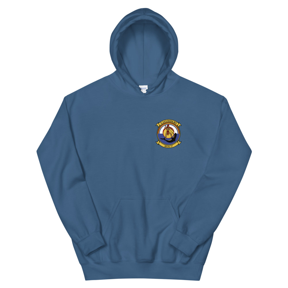 HSM-37 Easy Riders Squadron Crest Unisex Hoodie – front view, indigo