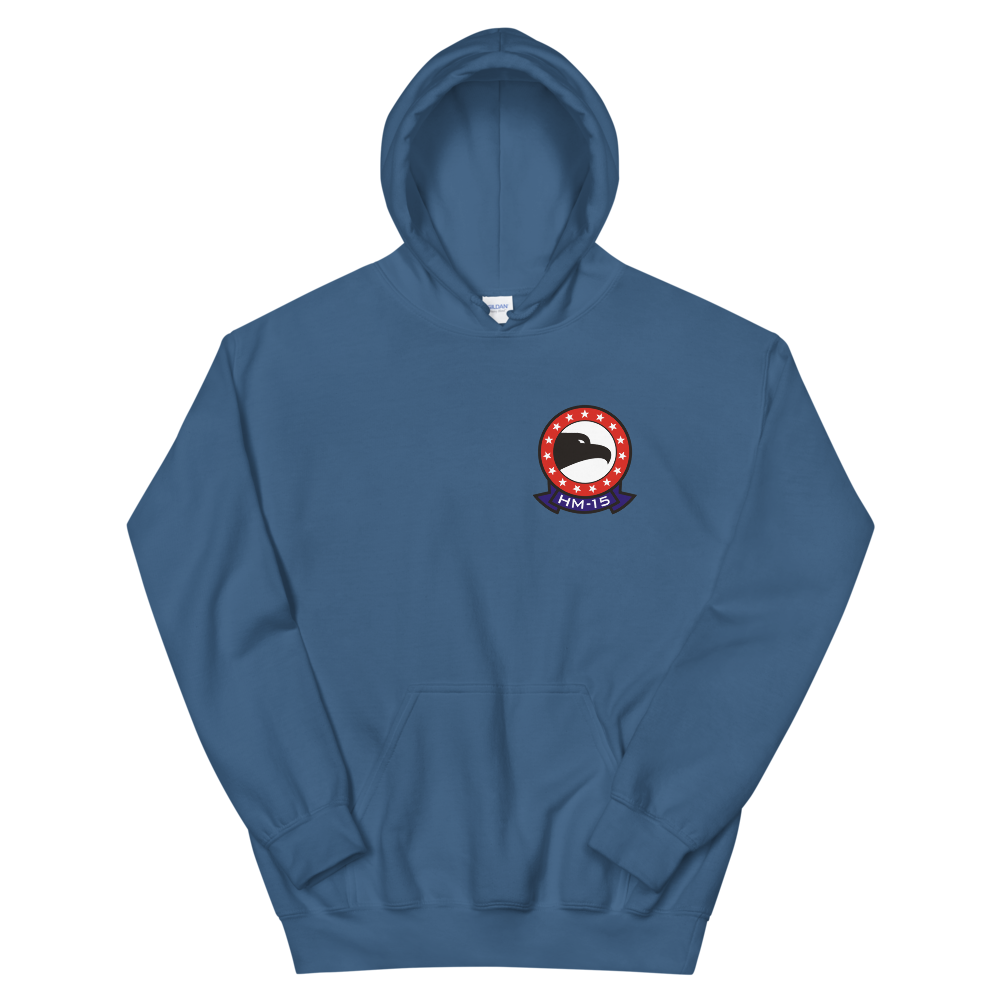 HM-15 Blackhawks Squadron Crest Unisex Hoodie – front view, indigo