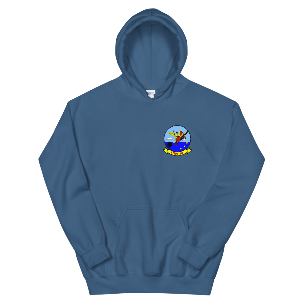 HM-14 The Vanguard Squadron Crest Unisex Hoodie – front view, indigo