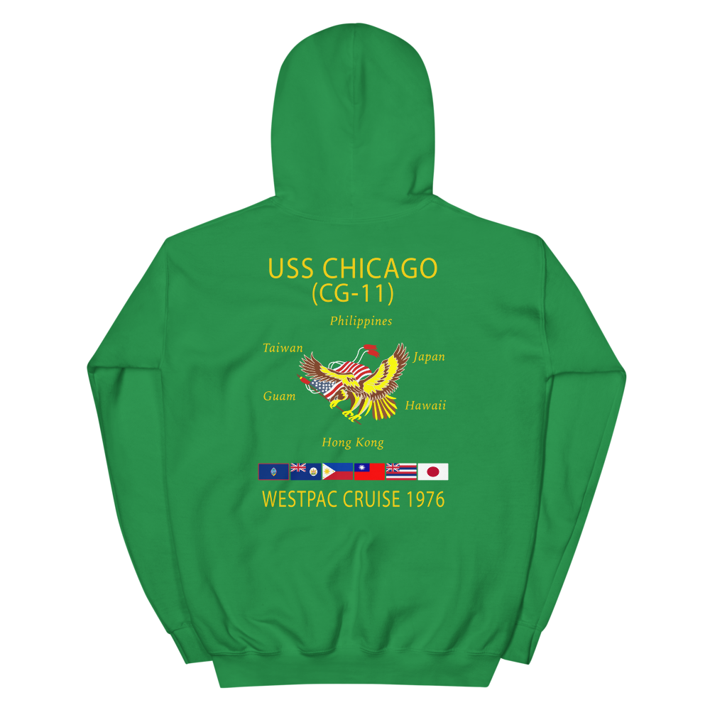 USS Chicago (CG-11) 1976 WESTPAC Cruise Hoodie – back view, irish green