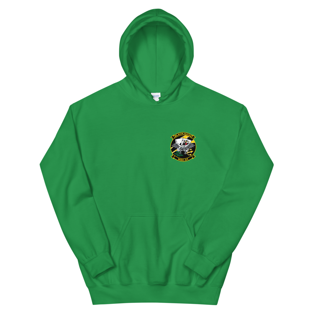 HSC-21 Blackjacks Squadron Crest Unisex Hoodie – front view, irish green