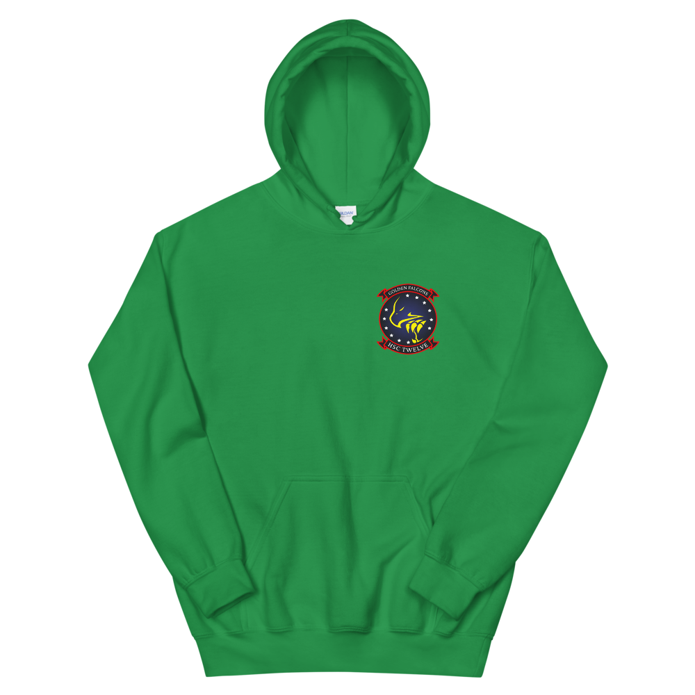 HSC-12 Golden Falcons Squadron Crest Unisex Hoodie – front view, irish green