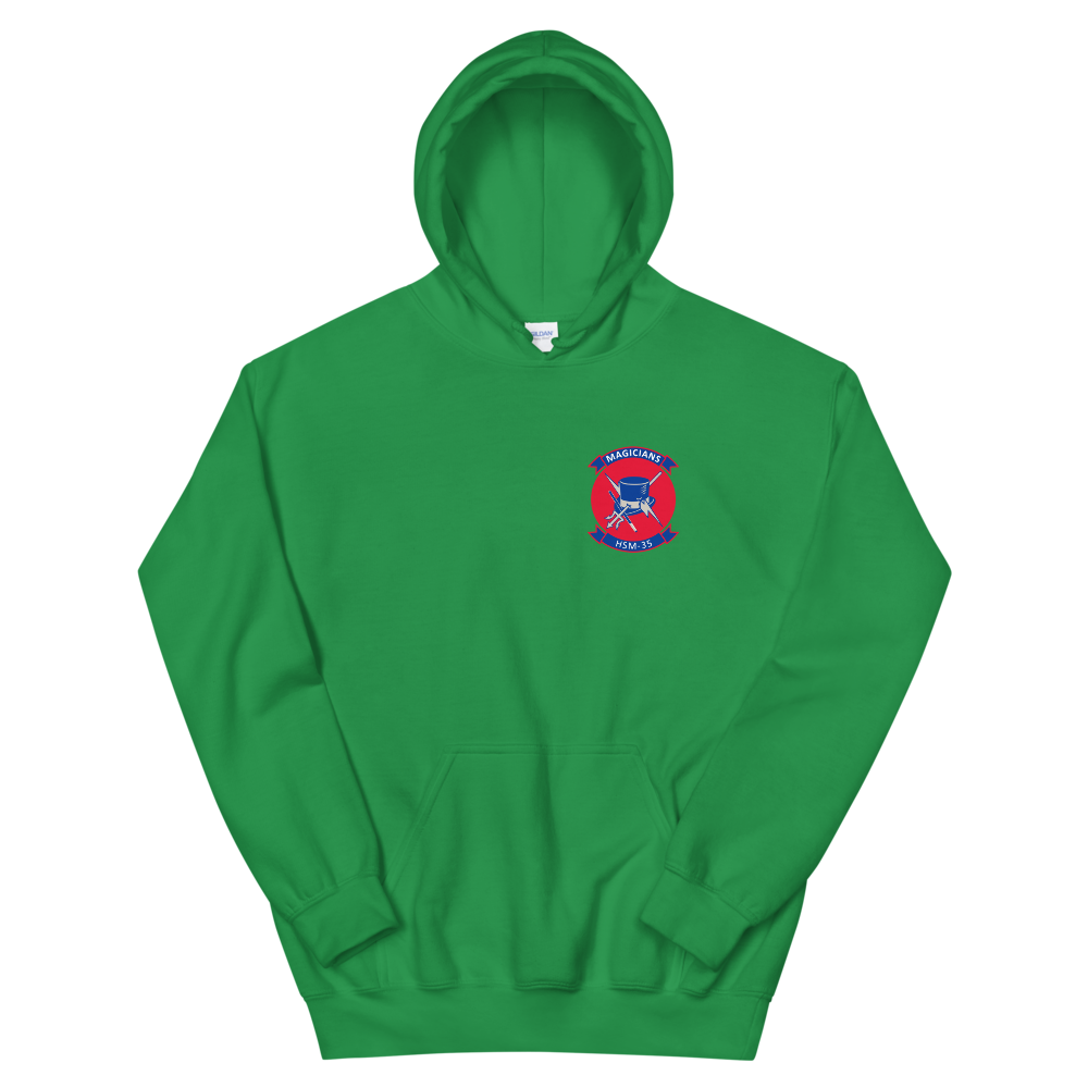 HSM-35 Magicians Squadron Crest Unisex Hoodie – front view, irish green