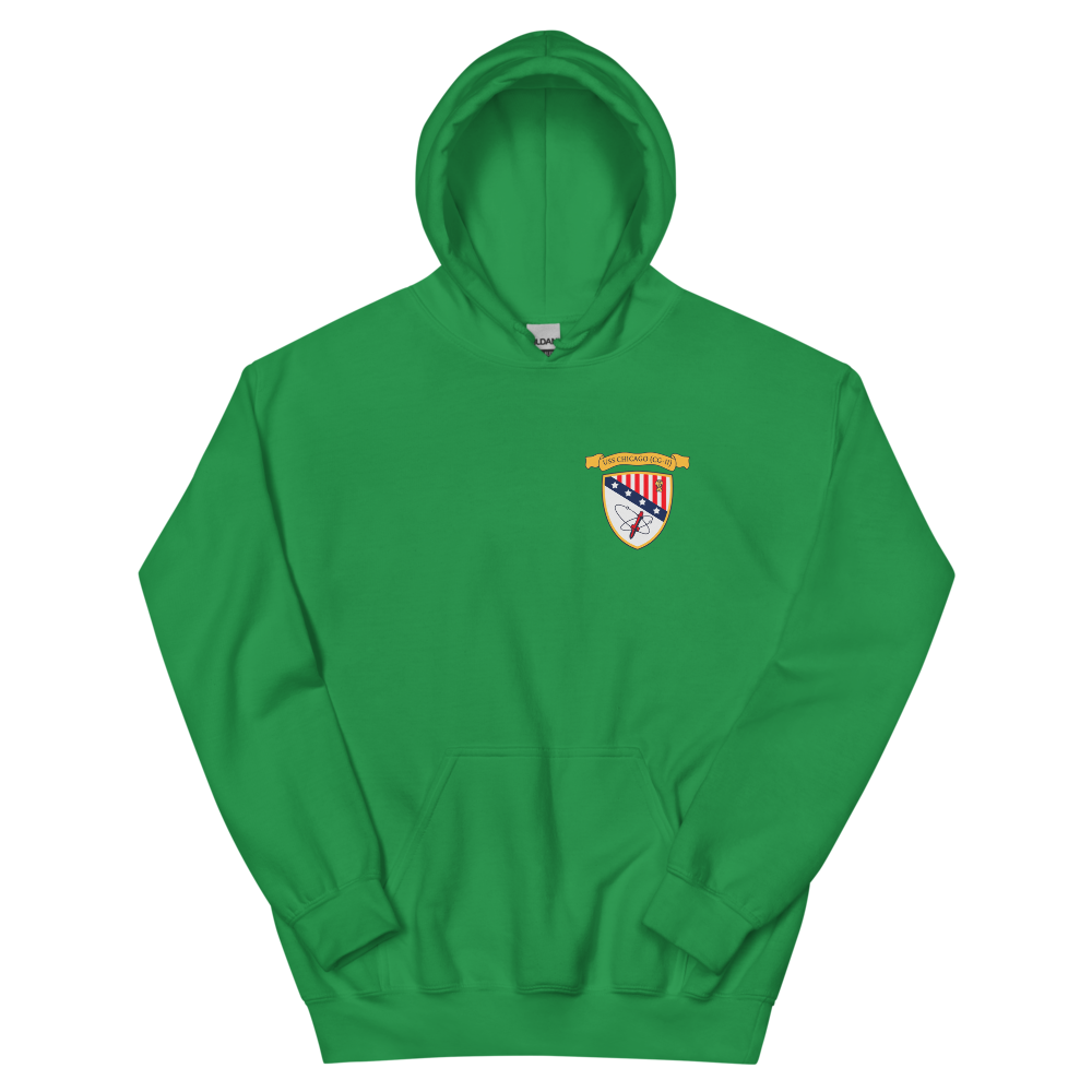 USS Chicago (CG-11) Ship's Crest Hoodie - Gold – front view, irish green