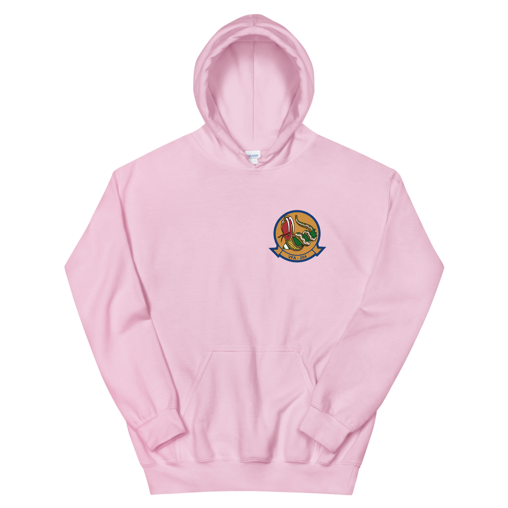 VFA-204 River Rattlers Squadron Crest Unisex Hoodie – front view, pink