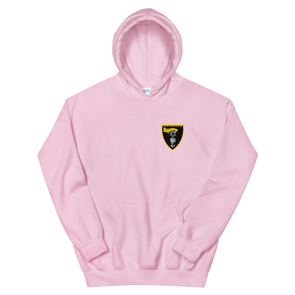 VFA-27 Royal Maces Squadron Crest Unisex Hoodie – front view, pink