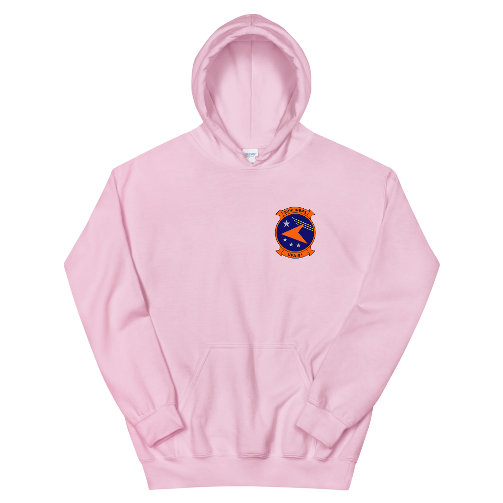 VFA-81 Sunliners Squadron Crest Unisex Hoodie – front view, pink
