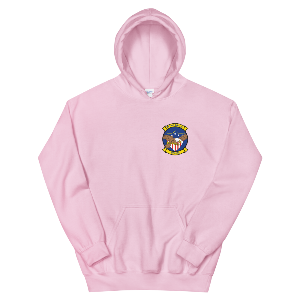 VFA-122 Flying Eagles Squadron Crest Unisex Hoodie – front view, pink