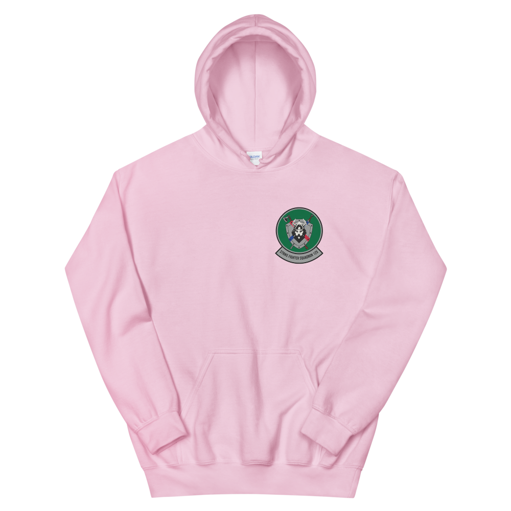VFA-125 Rough Raiders Squadron Crest Unisex Hoodie – front view, pink