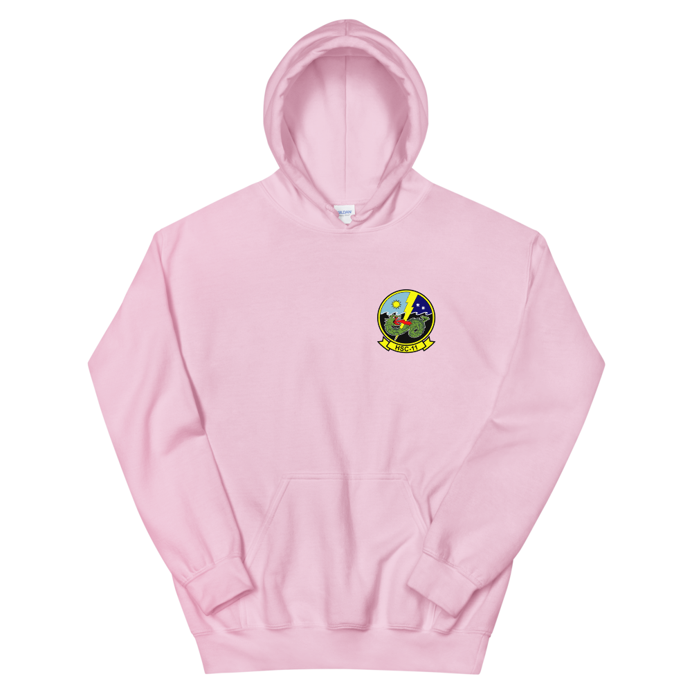HSC-11 Dragonslayers Squadron Crest Unisex Hoodie – front view, pink