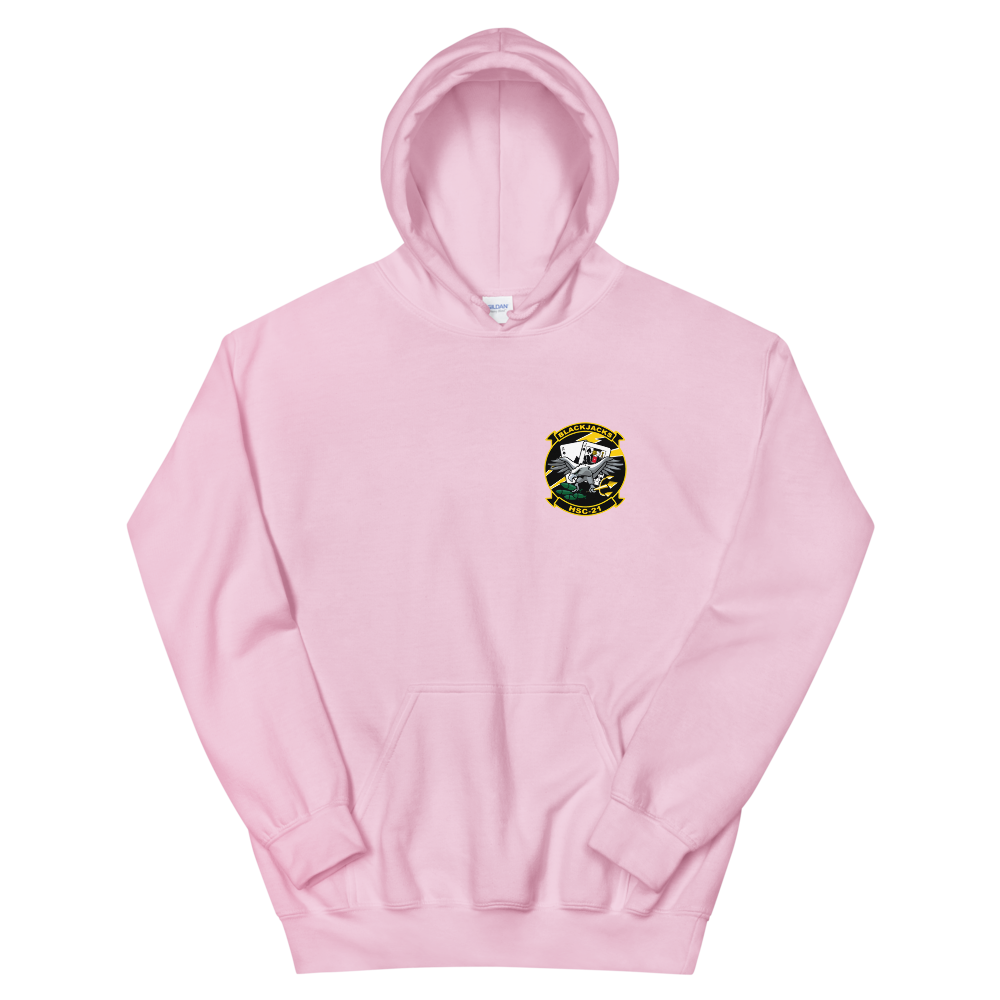 HSC-21 Blackjacks Squadron Crest Unisex Hoodie – front view, pink