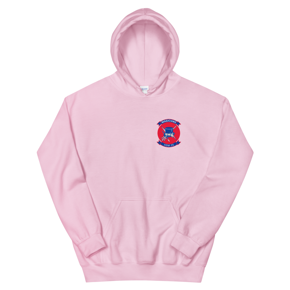 HSM-35 Magicians Squadron Crest Unisex Hoodie – front view, pink