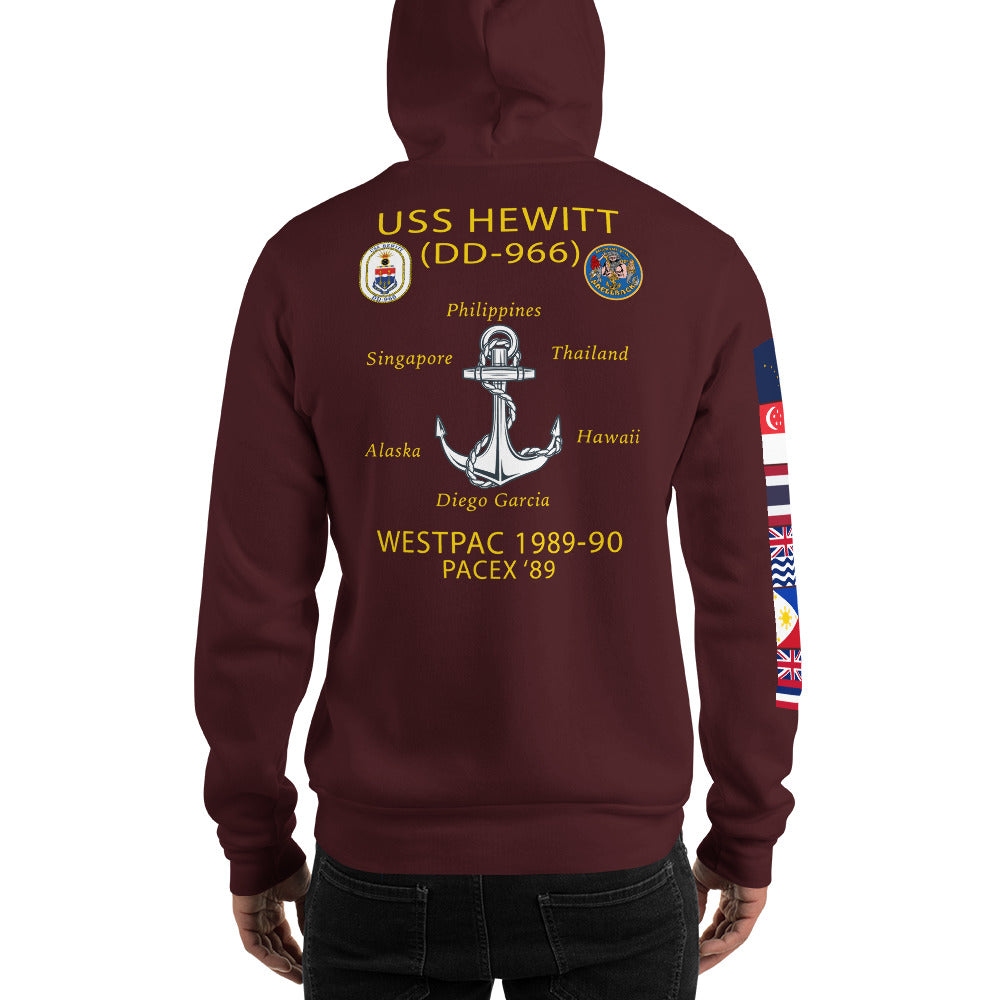 USS Hewitt (DD-966) 1989-90 Cruise Hoodie - FLAGS ON SLEEVE – maroon