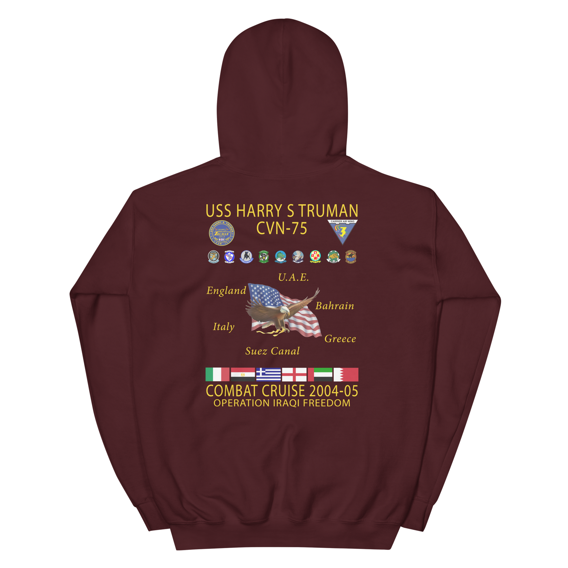 USS Harry S. Truman (CVN-75) 2004-05 Cruise Hoodie – back view, maroon