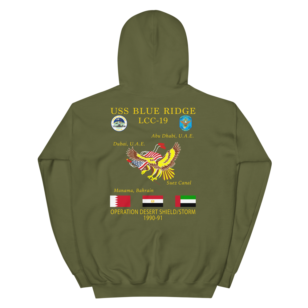 USS Blue Ridge (LCC-19) 1990-91 ODS/S Cruise Hoodie – back view, military green