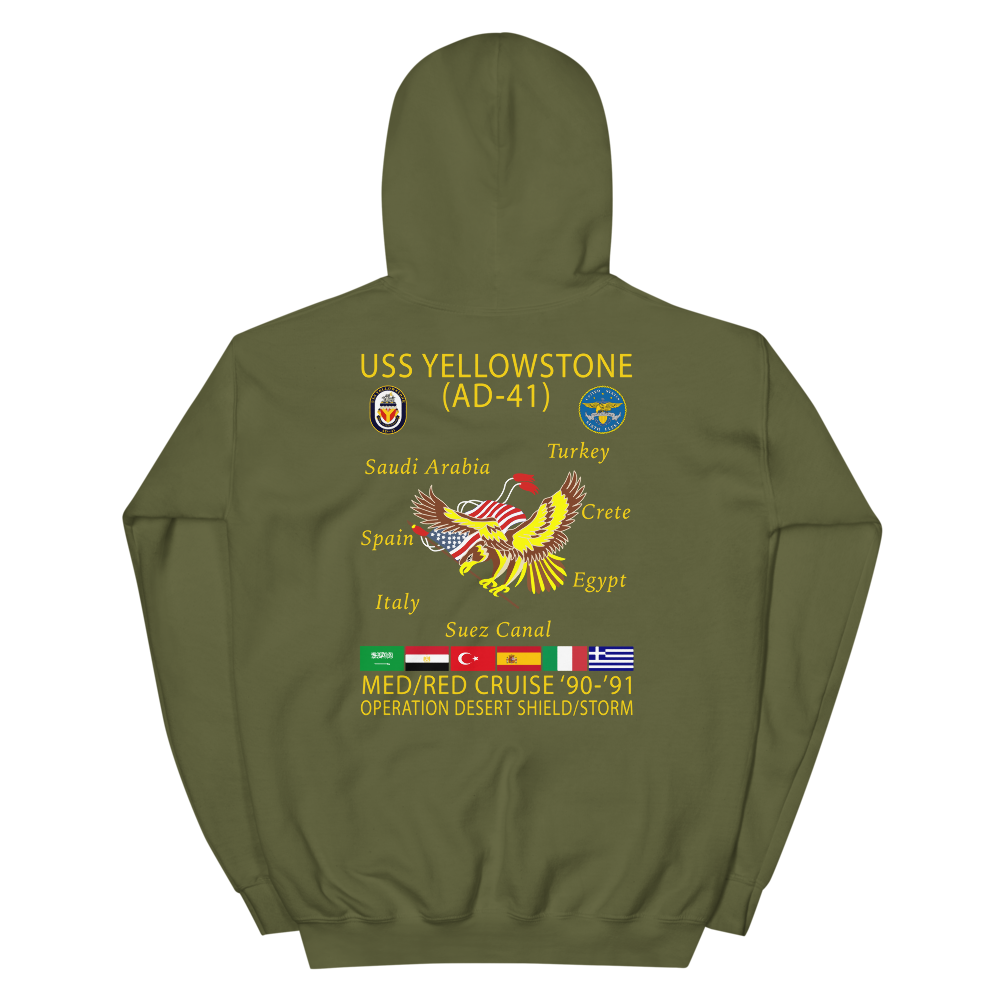 USS Yellowstone (AD-41) 1990-91 ODS/S Cruise Hoodie – back view, military green