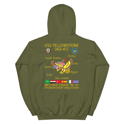 USS Yellowstone (AD-41) 1990-91 ODS/S Cruise Hoodie – back view, military green