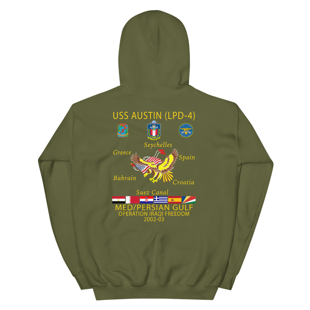 USS Austin (LPD-4) 2002-03 Cruise Hoodie – back view, military green