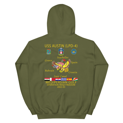 USS Austin (LPD-4) 2002-03 Cruise Hoodie – back view, military green