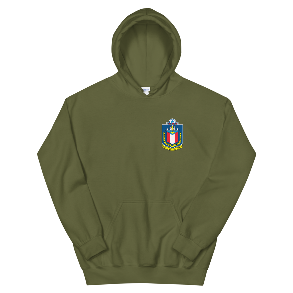 USS Austin (LPD-4) 2002-03 Cruise Hoodie – front view, military green
