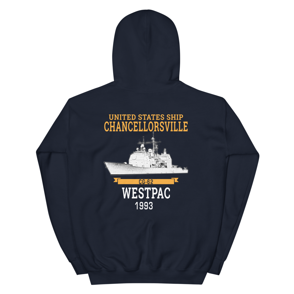 USS Chancellorsville (CG-62) 1993 WESTPAC Hoodie – back view, navy