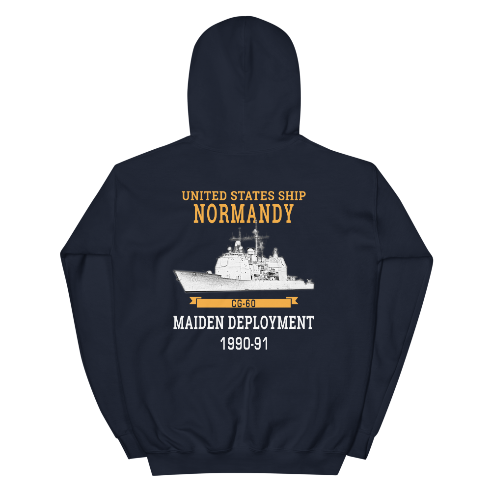USS Normandy (CG-60) 1990-91 Maiden Deployment Unisex Hoodie – back view, navy