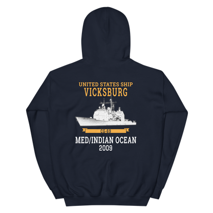 USS Vicksburg (CG-69) 2009 MED/IO Unisex Hoodie – back view, navy