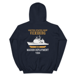 USS Vicksburg (CG-69) 1994 Maiden Deployment Unisex Hoodie – back view, navy