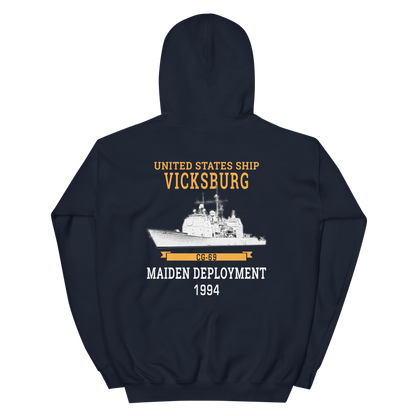 USS Vicksburg (CG-69) 1994 Maiden Deployment Unisex Hoodie – back view, navy
