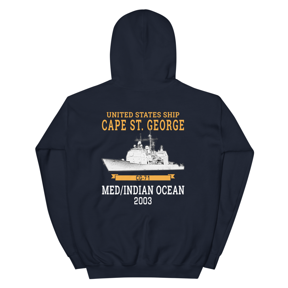 USS Cape St. George (CG-71) 2003 MED/IO Unisex Hoodie – back view, navy