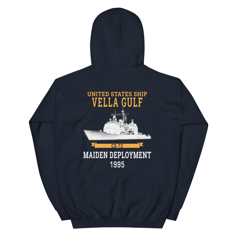 USS Vella Gulf (CG-72) 1995 Maiden Deployment Unisex Hoodie – back view, navy