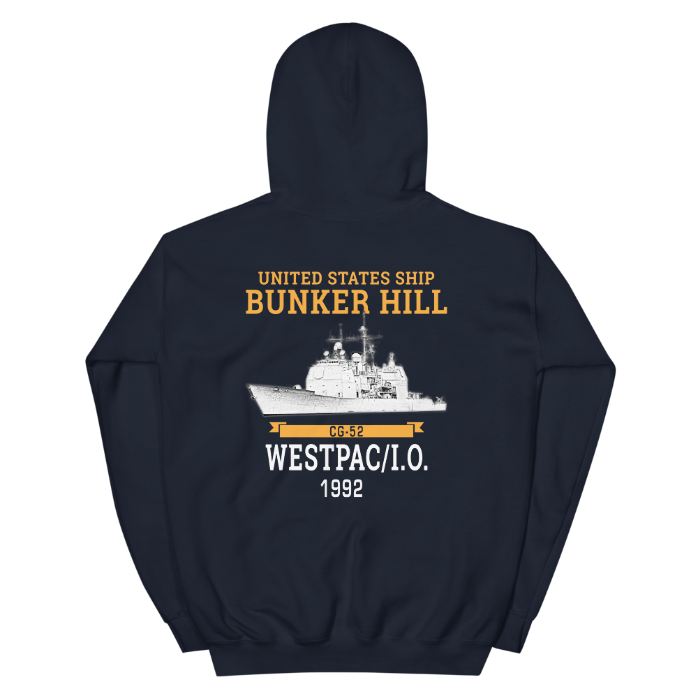 USS Bunker Hill (CG-52) 1992 WESTPAC/IO Unisex Hoodie – back view, navy
