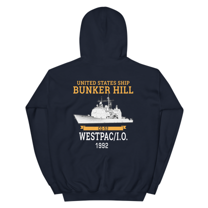 USS Bunker Hill (CG-52) 1992 WESTPAC/IO Unisex Hoodie – back view, navy