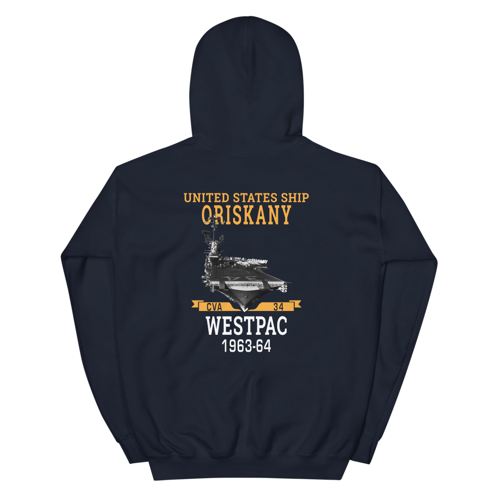 USS Oriskany (CVA-34) 1963-64 WESTPAC Unisex Hoodie – back view, navy
