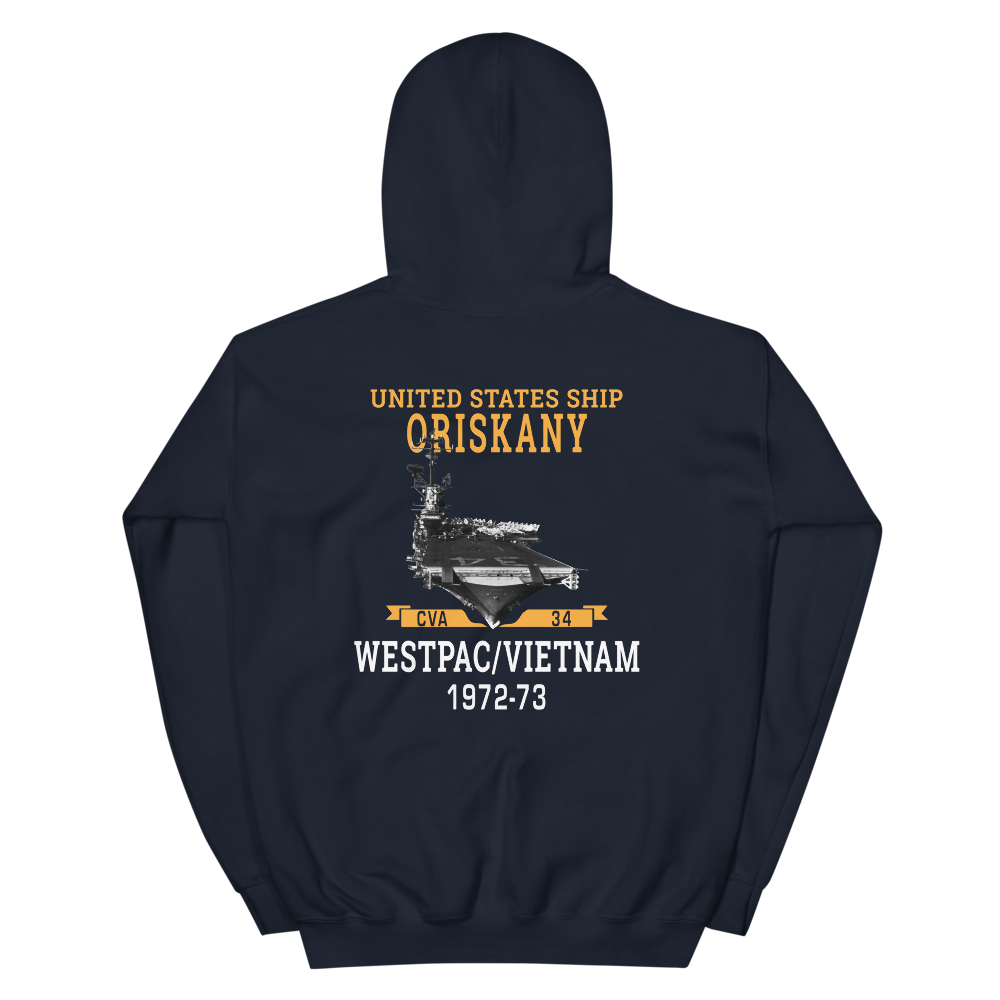 USS Oriskany (CVA-34) 1972-73 WESTPAC/VIETNAM Unisex Hoodie – back view, navy