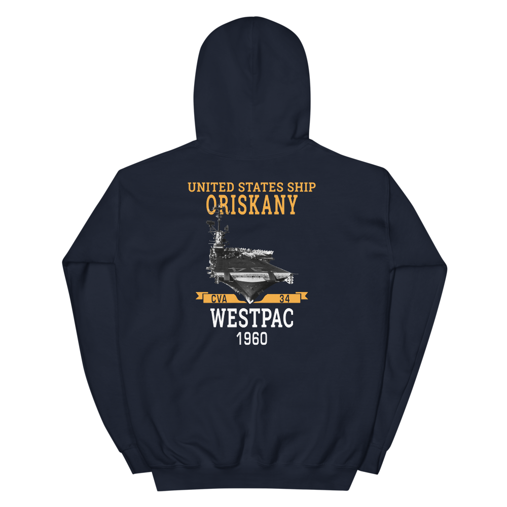 USS Oriskany (CVA-34) 1960 WESTPAC Unisex Hoodie – back view, navy