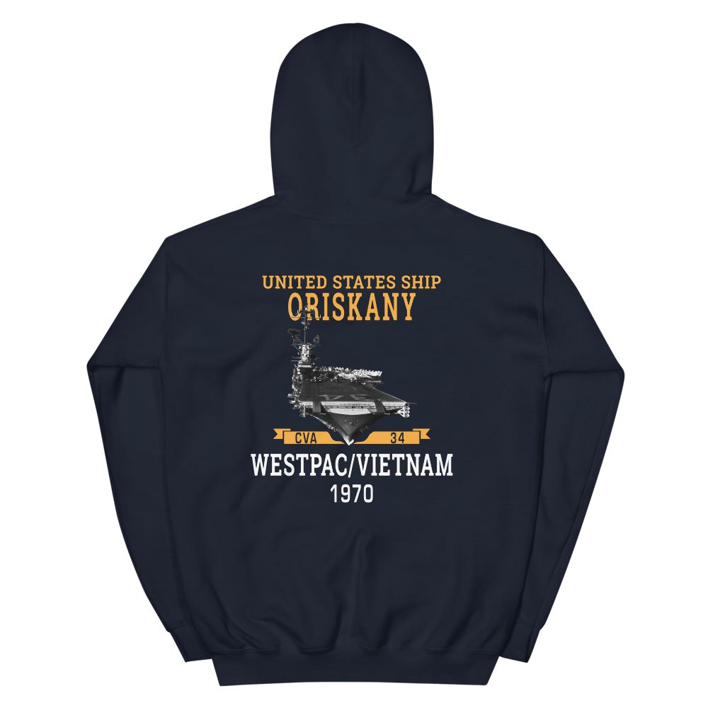 USS Oriskany (CVA-34) 1970 WESTPAC/VIETNAM Unisex Hoodie – back view, navy