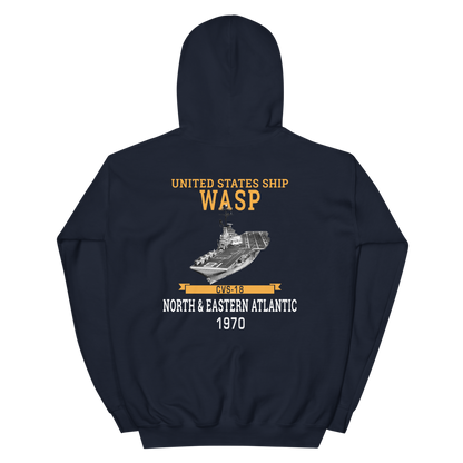 USS Wasp (CVS-18) 1970 N. & EASTERN ATLANTIC Unisex Hoodie – back view, navy