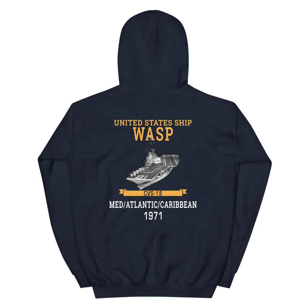 USS Wasp (CVS-18) 1971 MED/ATLANTIC/CARIBBEAN Unisex Hoodie – back view, navy