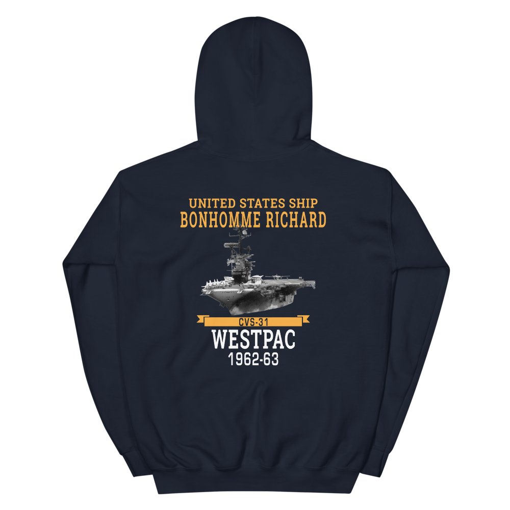 USS Bonhomme Richard (CVS-31) 1962-63 WESTPAC Unisex Hoodie – back view, navy