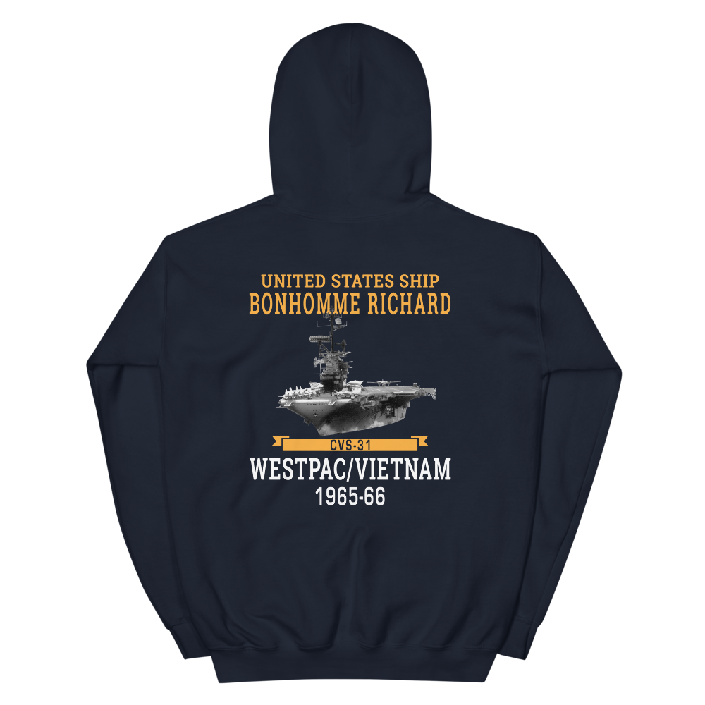 USS Bonhomme Richard (CVS-31) 1965-66 WESTPAC/VIETNAM Unisex Hoodie – back view, navy