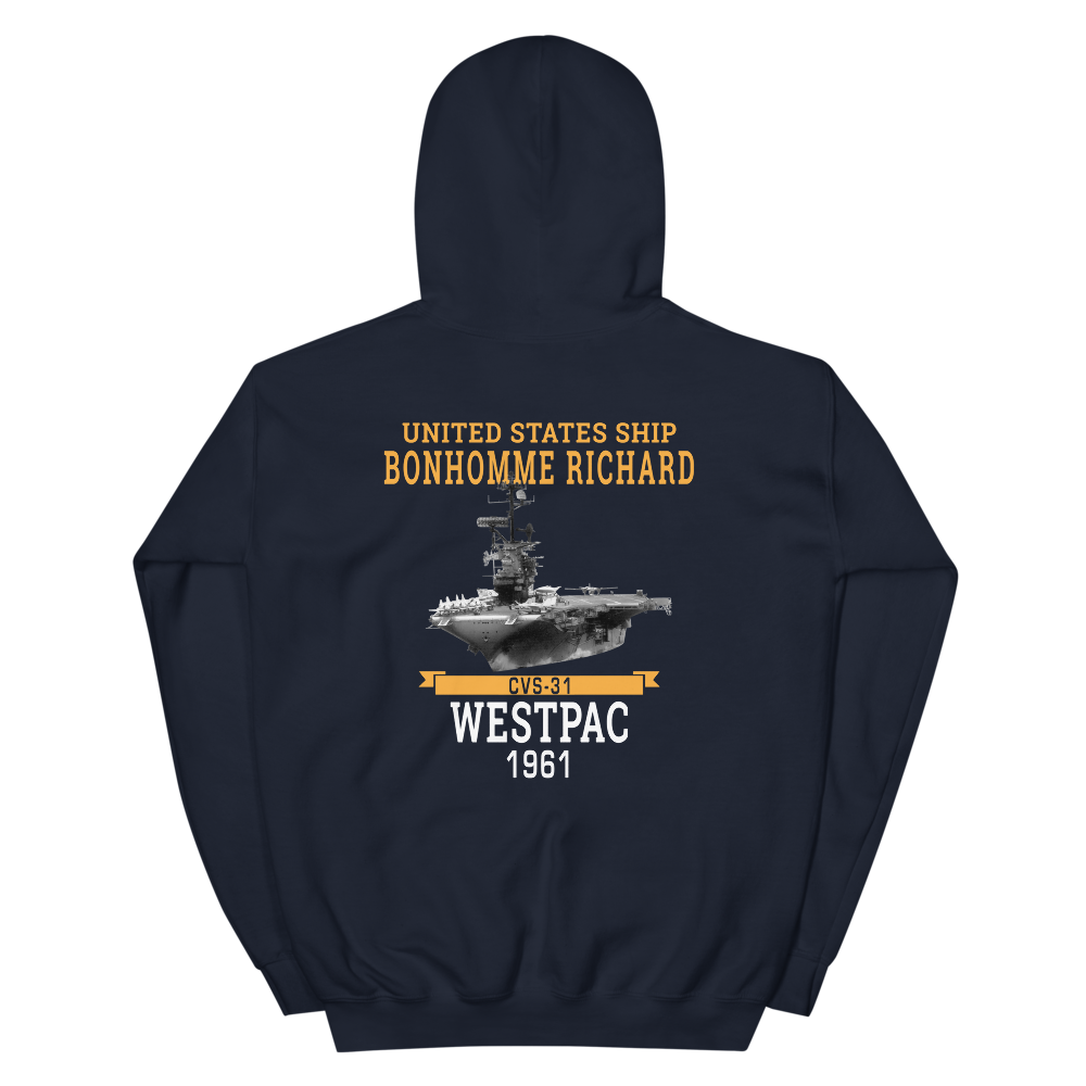 USS Bonhomme Richard (CVS-31) 1961 WESTPAC Unisex Hoodie – back view, navy