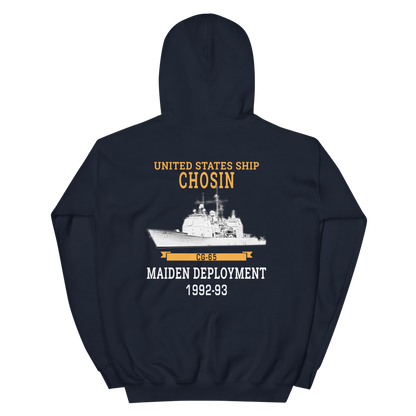 USS Chosin (CG-65) 1992-93 Maiden Deployment Unisex Hoodie – back view, navy