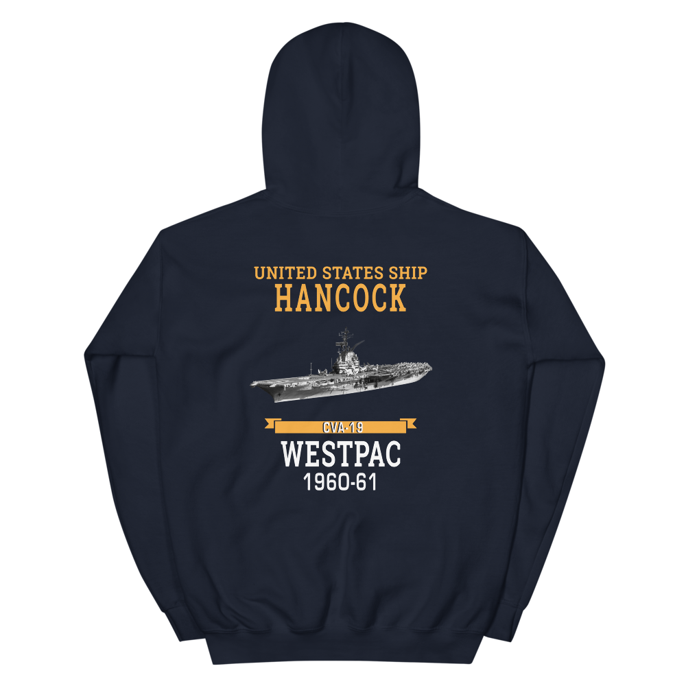 USS Hancock (CVA-19) 1960-61 WESTPAC Unisex Hoodie – back view, navy