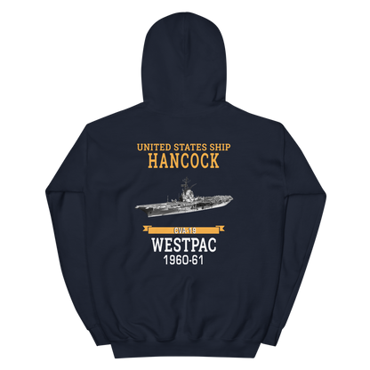 USS Hancock (CVA-19) 1960-61 WESTPAC Unisex Hoodie – back view, navy