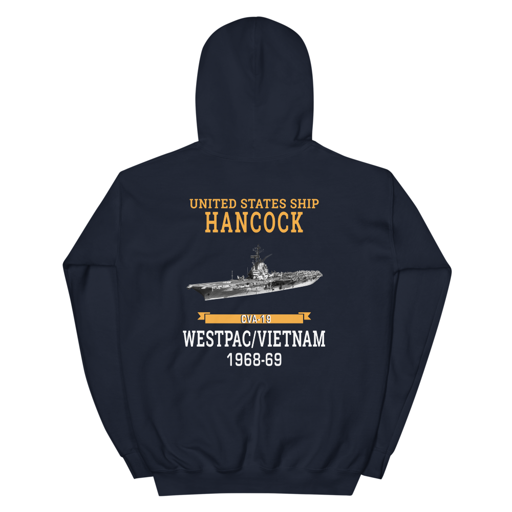 USS Hancock (CVA-19) 1968-69 WESTPAC/VIETNAM Unisex Hoodie – back view, navy