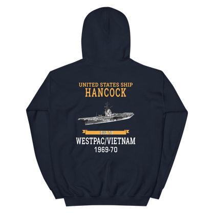 USS Hancock (CVA-19) 1969-70 WESTPAC/VIETNAM Unisex Hoodie – back view, navy
