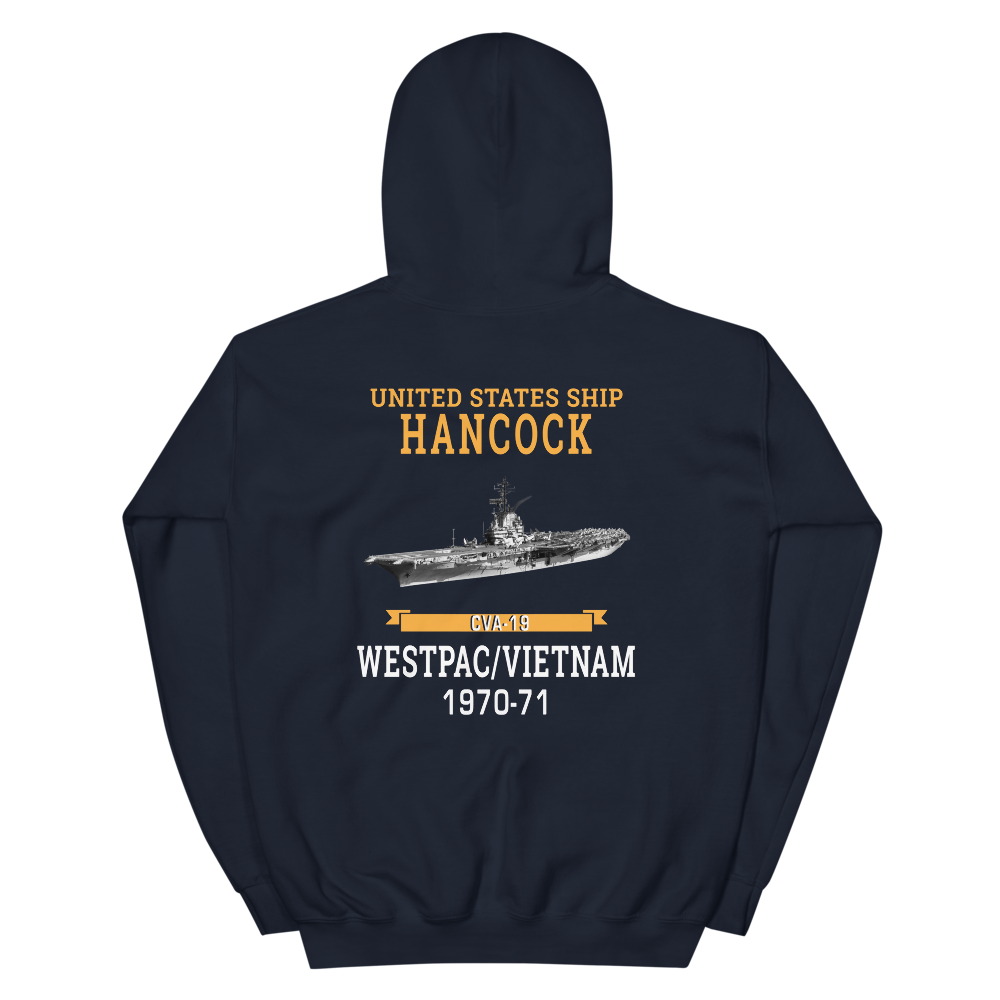USS Hancock (CVA-19) 1970-71 WESTPAC/VIETNAM Unisex Hoodie – back view, navy