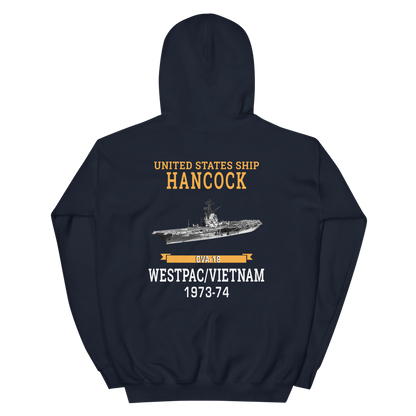 USS Hancock (CVA-19) 1973-74 WESTPAC/VIETNAM Unisex Hoodie – back view, navy